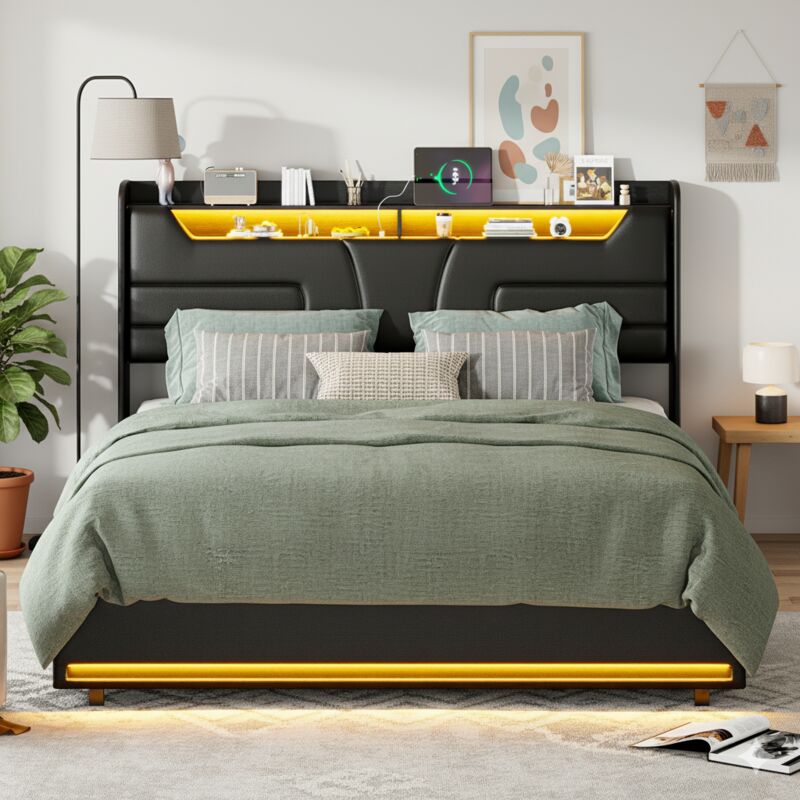 Bett 140 x 200 cm – Bettkastenbett 140 LED mit Lattenrost und Kopfteil mit Ablageflächen, Ladestation – PU – Schwarz
