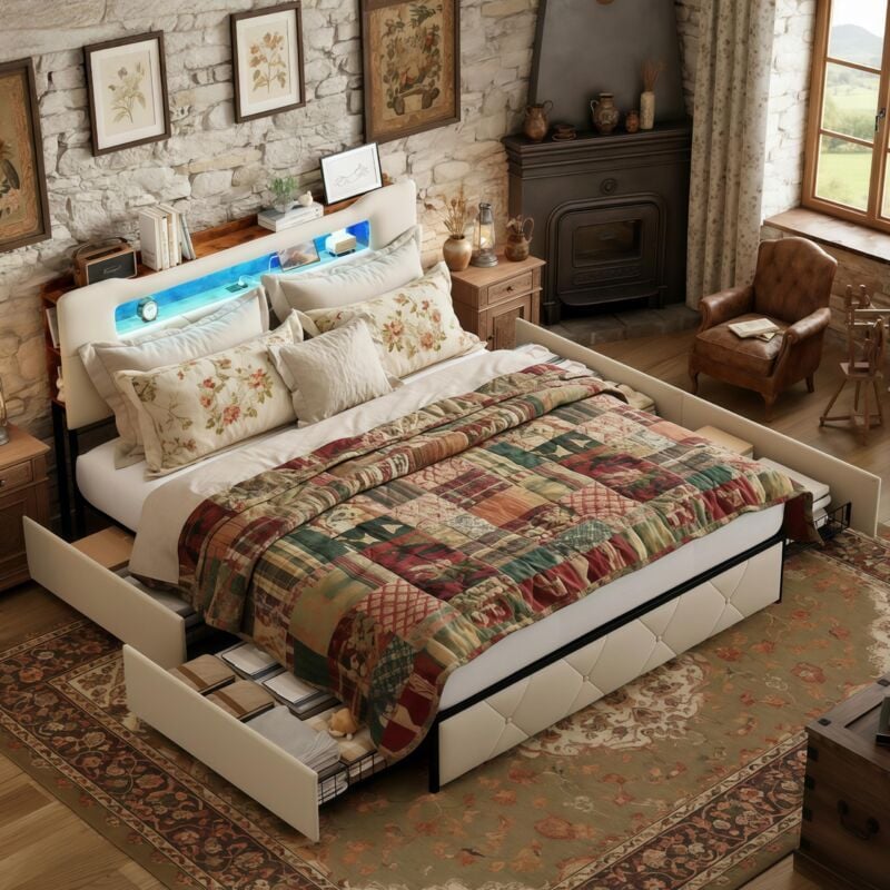 Bett 140x190, Bett mit Schublade 140x190, Kopfteil mit einstellbarer LED-Beleuchtung und USB-Anschluss, weiche Rückenlehne, Samt, Lattenrost, Bett