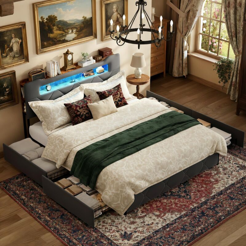 Bett 140x200, Bett mit Schublade 140x200, Kopfteil mit einstellbarer LED-Beleuchtung und USB-Anschluss, weiche Rückenlehne, Samt, Lattenrost, Bett