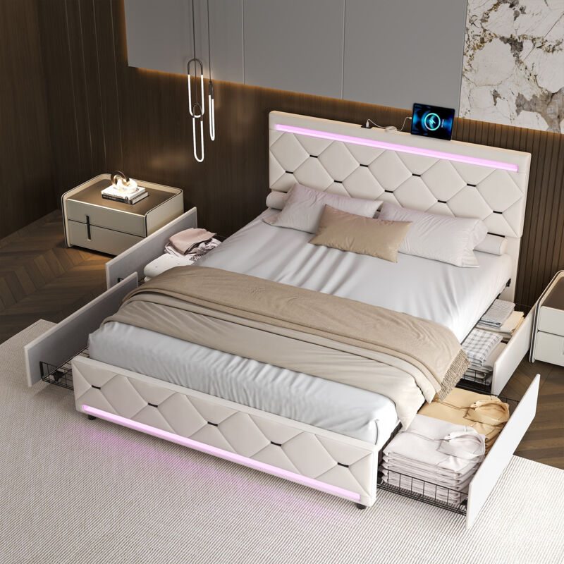 Bett 140x190 cm – Doppelbett – Erwachsenenbett – mit 4 Schubladen – LED-Beleuchtung – USB-Ladefunktion – Samt – Lattenrost – Bett mit Schublade –