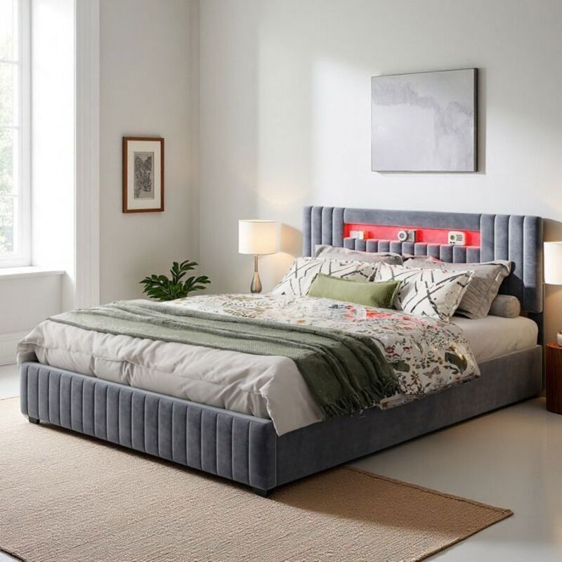 Bett 140x190 - Hydraulisches Bett mit Stauraum - Kopfteil aus grauem Samt - LED-Beleuchtung - 2 Plätze