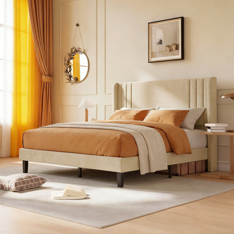 Bett 140x200CM mit Lattenrost, Gepolstertes Kopfteil,Polsterbett Jugendbett bis 360 kg,Stauraum unter dem Bett,Leinenstoff,Beige