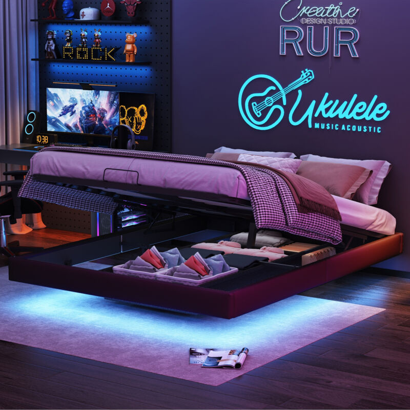 Bett 160 x 200 cm – Bettkasten 160 und Lattenrost – Schwebendes Bett mit RGB-LED-Beleuchtung und Stauraum – Ohne Kopfteil – Kunstleder PU schwarz