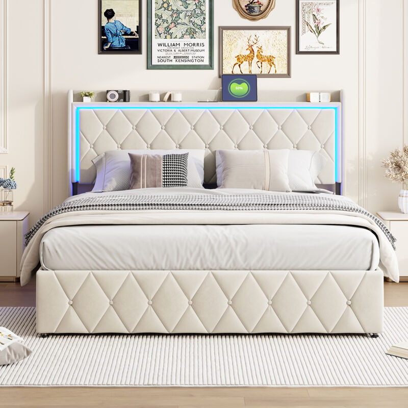 Bett 160 x 200 cm, Bettkasten mit Lattenrost, Bett für Erwachsene mit Kopfteil, LED, Samtstoff, 160 x 200 cm, beige