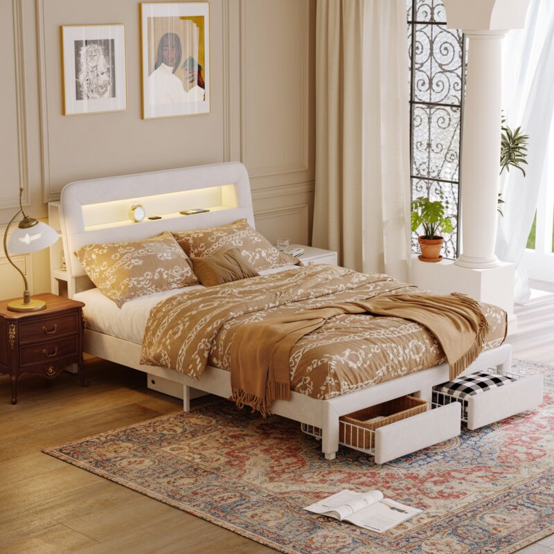 Bett 140x200 cm mit zwei Schubladen, Bett 140x200, integrierte LED-Beleuchtung, Lattenrost, Samtbezug, Design-Stil, Weiß