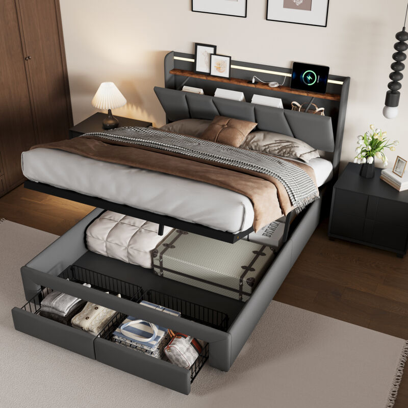 Bett 140 x 190 mit Lattenrost, Bett 140 x 190, Doppelbett, Bett 140, Bett mit Schubladen und integriertem Stauraum, LED und USB, Modernes Design in