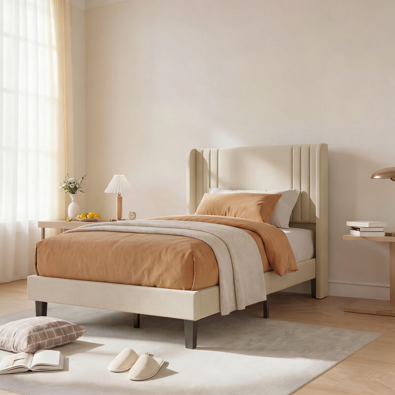 Bett 90x200CM mit Lattenrost, Gepolstertes Kopfteil,Polsterbett Jugendbett bis 360 kg,Stauraum unter dem Bett,Leinenstoff,Beige