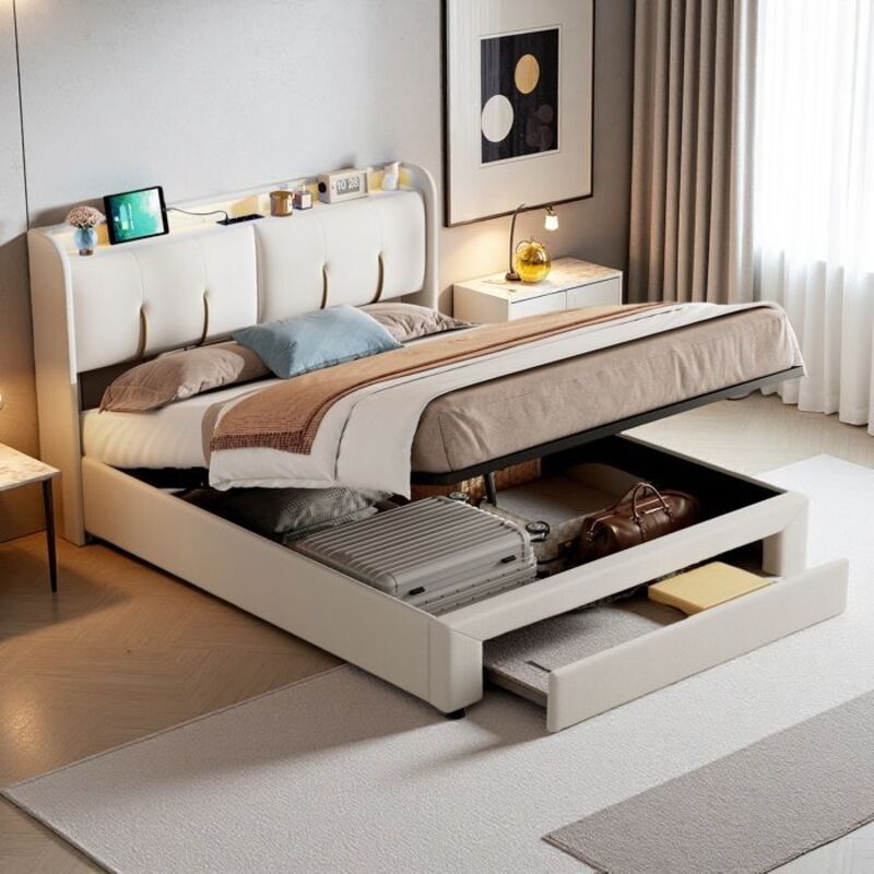 Bett Doppel 160x200 - Hydraulisches Bett mit Stauraum - LED-Aufbewahrung - Schubladen - Weißer Samt