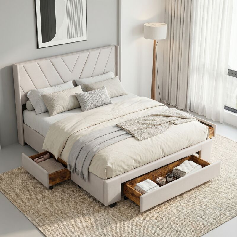 Bett mit 3 Schubladen 140x200, Polsterbett, Stauraumbett Leinen, Bett Erwachsene mit geometrischem Kopfteil, moderner Skandi-Stil(140x200cm, Beige)