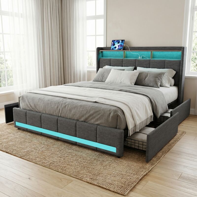 Bett mit 4 Schubladen 160x200, Polsterbett mit LED, Kopfteil mit Stauraum, Bett Erwachsene mit USB/Typ-C, Leinen, modern/skandinavisch(160x200cm,