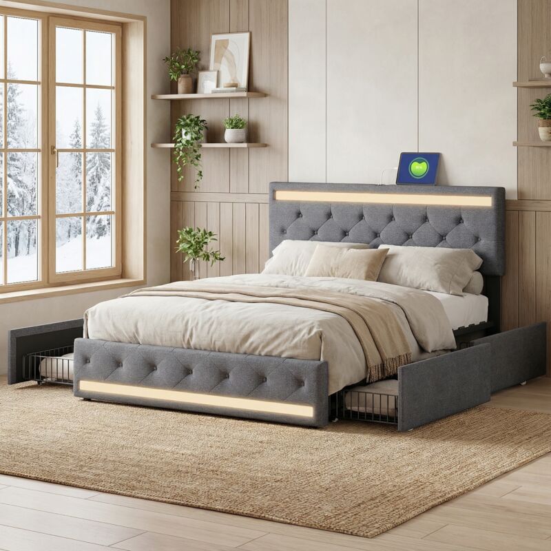 Bett 180x200 mit 4 Schubladen, Polsterbett mit LED & USB-C, Bett Erwachsene mit verstellbarem Kopfteil, Stauraumbett Leinen, moderner