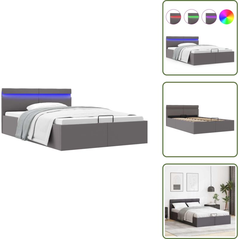 Bett mit Bettkasten Hydraulisch led Grau Kunstleder 120x200 cm - Doppelbett - Stauraumbett - Kunstlederbett - LED-Bett - Boxspringbett