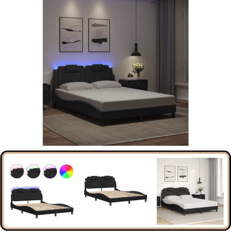 Bett mit LED-Beleuchtung ohne Matratze Schwarz 120x200 cm - Bettstellengestell - Schlafzimmermöbel - Doppelbett - Lederbettwäsche - led Beleuchtung