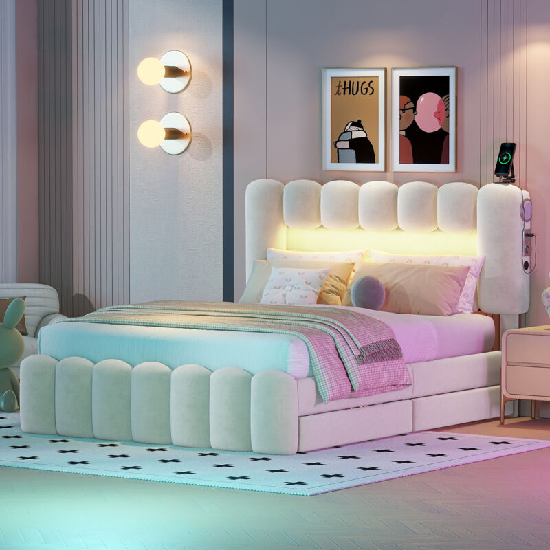 Bett mit Schubladen Gepolstertes Doppelbett 140 x 200 mit 4 Schubladen. led mit usb und Stereoanlage. in Beige Leder