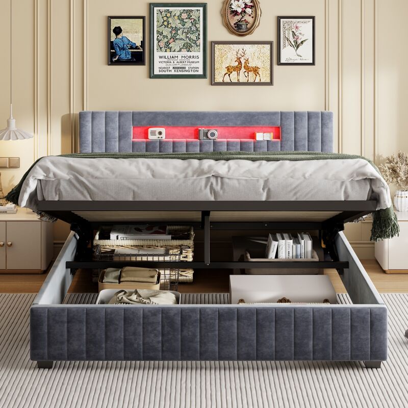 Bett mit Stauraum 140x190 cm mit einstellbaren LEDs – Samt – Stauraumfunktion – Lattenrost – gepolstertes hydraulisches Bett – Grau