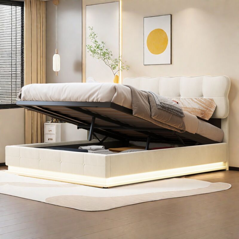 Bett mit Stauraum 140x190 cm – Wolkenkopfteil – LED-Beleuchtung unter dem Bett – weicher Samt – Lattenrost – gepolstertes hydraulisches Bett – Beige