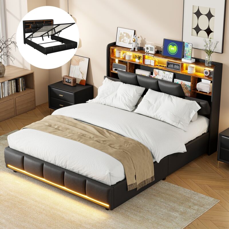 Bett mit Stauraum 160x200 cm – mit LED-Beleuchtung – USB-Ladefunktion – PU – 5 offene Staufächer – 3 versteckte Staufächer – hydraulisches Bett –