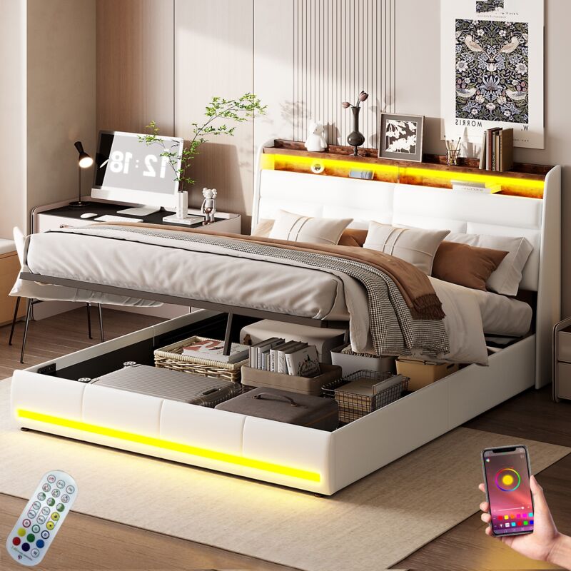 Bett mit Stauraum 140x200cm, mit LED, APP, hydraulischer Aufbewahrung, Fernbedienung, Lattenrost, Metallrahmen, gepolstertes Bett aus Kunstleder