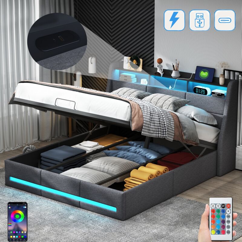 Bett mit Stauraum 140x200cm, mit LED-Beleuchtung, hydraulischem Stauraum, USB-A/C-Ladeanschluss, Lattenrost aus Holz, Metallrahmen, Schlafsofa Bett