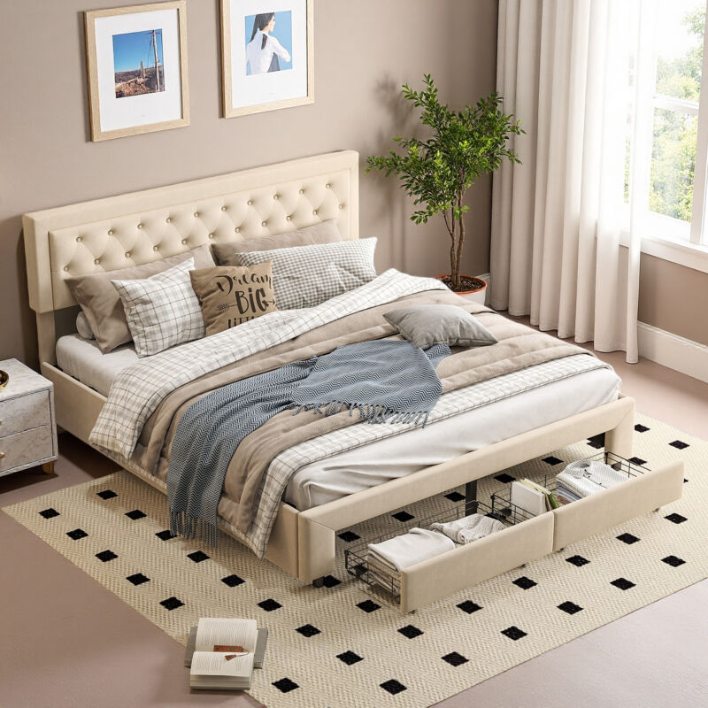 Bett mit Stauraum 180 x 200 cm – Samtstoff – 2 Schubladen – Lattenrost – Bett 180 x 200 cm – Beige