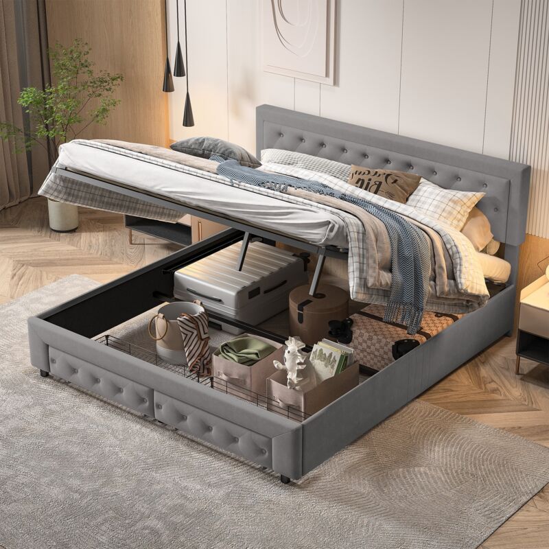 Bett mit Stauraum 180x200 cm, mit gepolsterter Dekoration, 2 Stauraumschubladen, klassisch, Lattenrost aus Holz, Metallrahmen, gepolstertes Bett aus