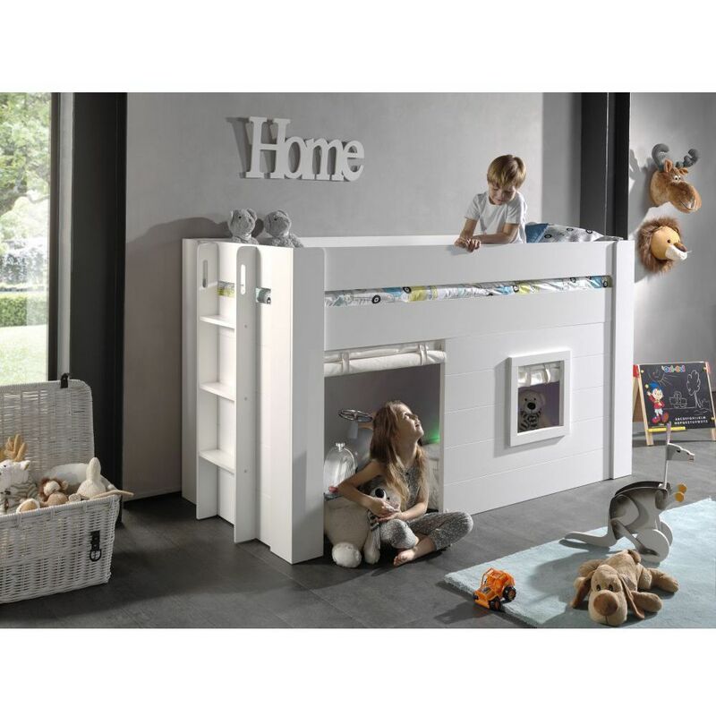 Bett NOHRA-12 halbhohes Bett mit Liegefläche 90 x 200 cm weiß lackiert inkl. Vorhang Set in Creme-Weiß BxHxT: 214x120x96cm