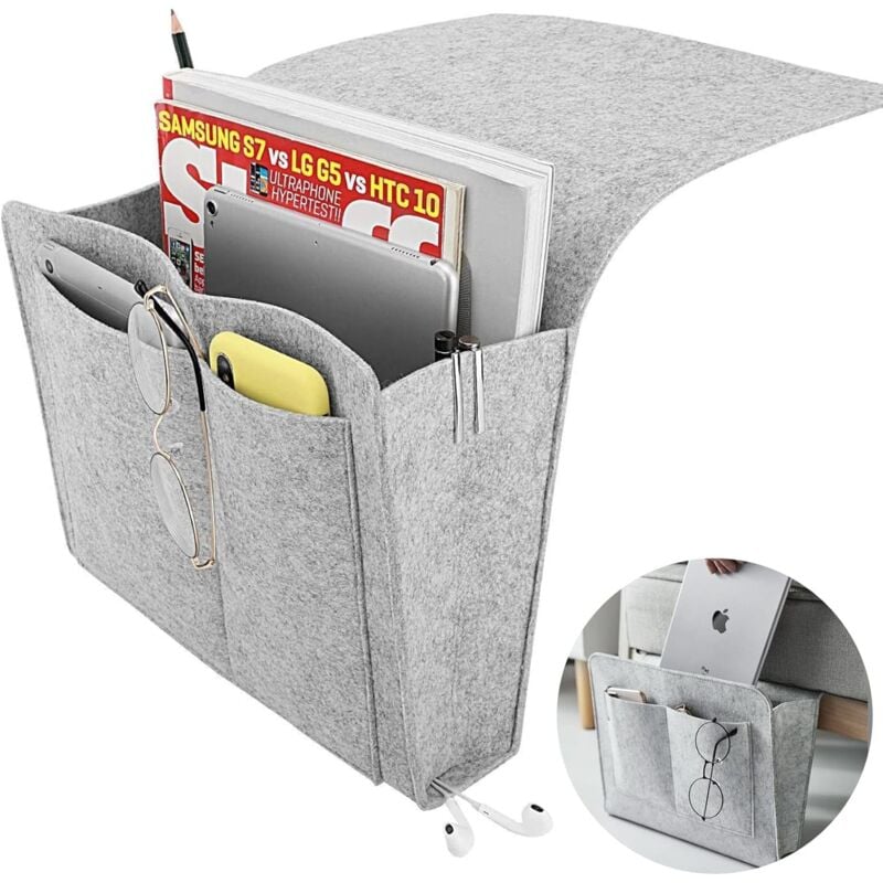 Bett-Organizer, Nachttisch-Organizer, rutschfeste Nachttischtasche, mit 5 tiefen Büchertaschen, für Bücher, Zeitschriften, iPad, Handy,