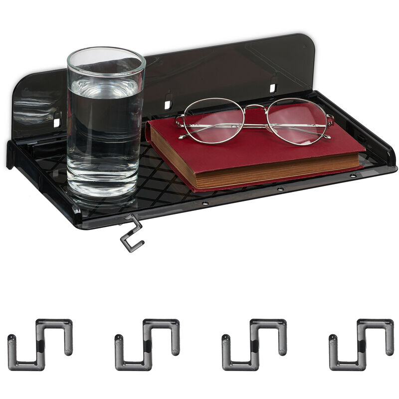 Bettablage, Mini-Nachttisch zum Ankleben, für Bett & Hochbett, HxBxT: 8,5 x 30 x 15,5 cm, Kunststoff, schwarz - Relaxdays