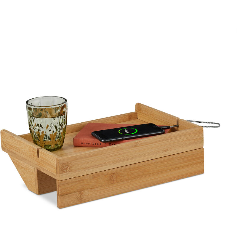Relaxdays Bettablage, Mini-Nachtisch zum Klemmen, Bett & Hochbett, HxBxT: 10 x 33 x 24 cm, Kabelschlitze, Bambus, natur