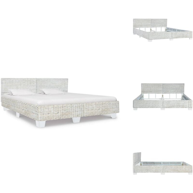 Bett Grau Natur Rattan 180x200 cm - Rattan Bett - Massivholz Bett - Mahagoni Bett - Mangoholz Bett - Doppelbett