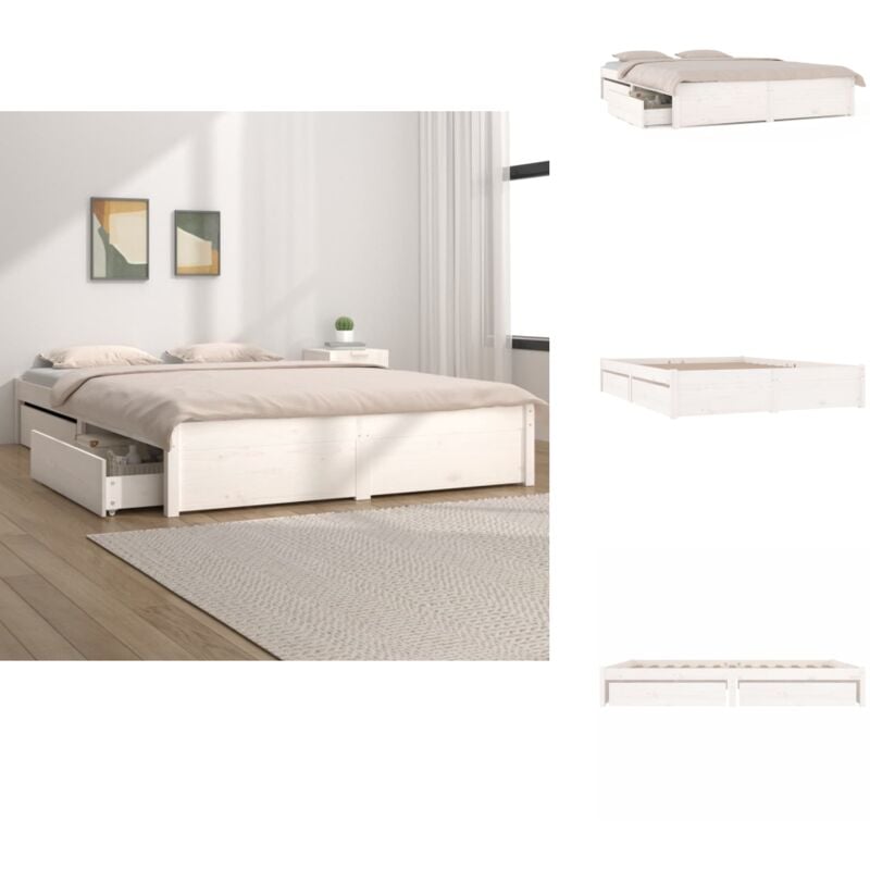 Bett mit Schubladen Weiß 160x200 cm - Holzbetten - Doppelbett - Weißes Bett - Kiefernholzbett - Boxspringbett