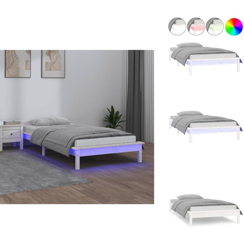 Massivholzbett mit LED-Beleuchtung Weiß 100x200 cm - Holzbett - Massivholzbette - Kiefernholzbett - Weißes Bett - LED-Bett