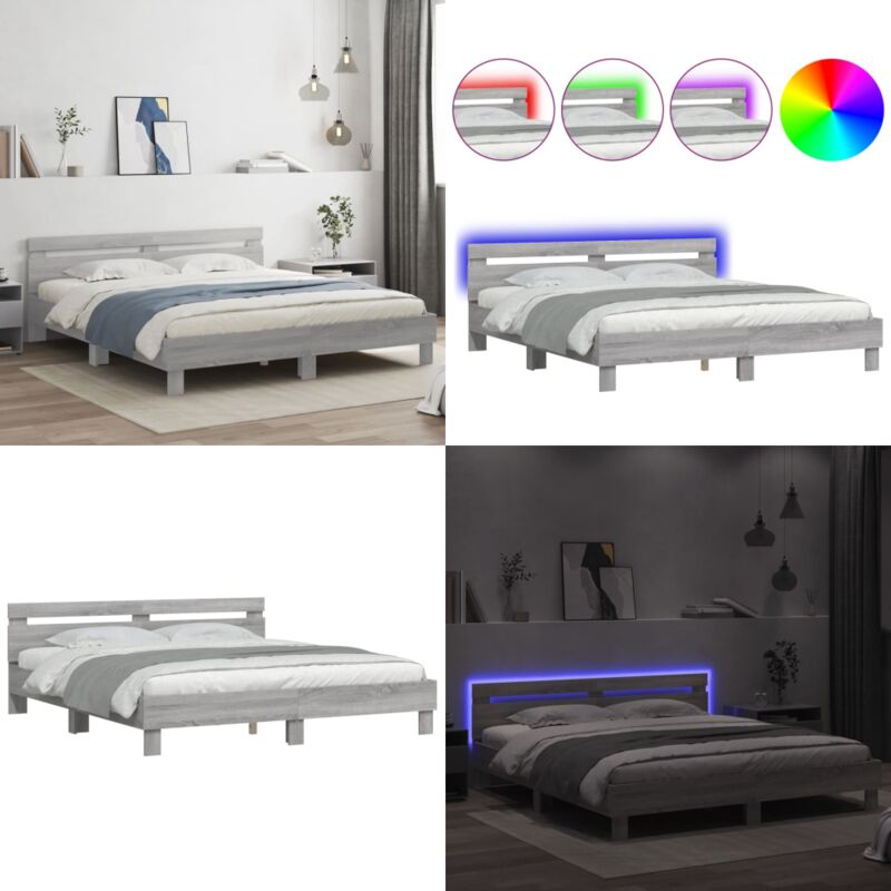 Bettgestell mit Kopfteil und LED-Beleuchtung Grau Sonoma - Bettstellengestell - Holzbettfassad - Doppelbett - Boxspringbett - led Beleuchtung - Home