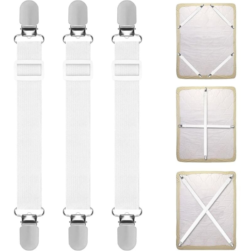 Bluedeer - Bettlakenklammern Verstellbar 55–220 cm, 3 Stück Elastische Bettlakenspanner mit Metallclips für Spannbettlaken, Matratze, Bügelbrett und