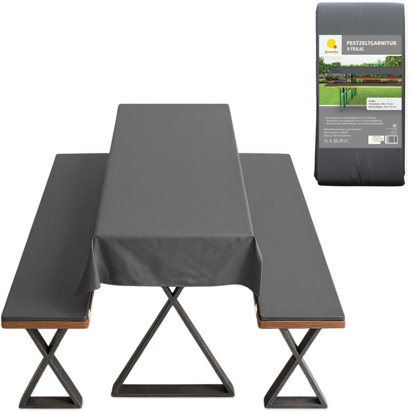 Spetebo - Bierzeltgarnitur Auflagenset gepolstert anthrazit - 3-teilig - Set aus 2 Bankauflagen mit Halteschlaufen und 1 Tischdecke