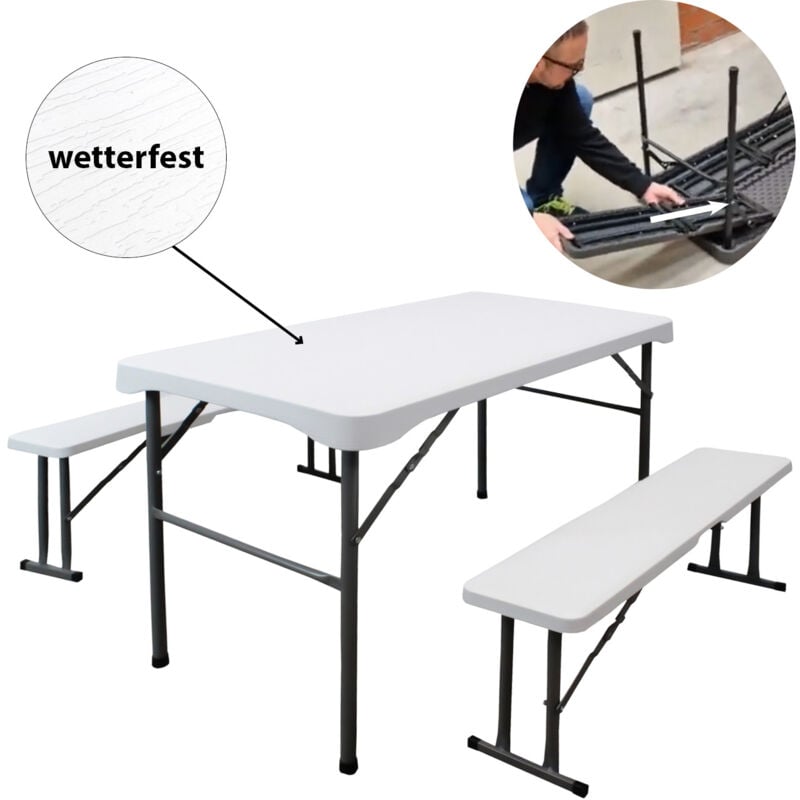 Trutzholm ® - Bierzeltgarnitur 3-tlg. klappbar Länge 107 cm Balkongarnitur Festzeltgarnitur Gartenmöbel in weiß