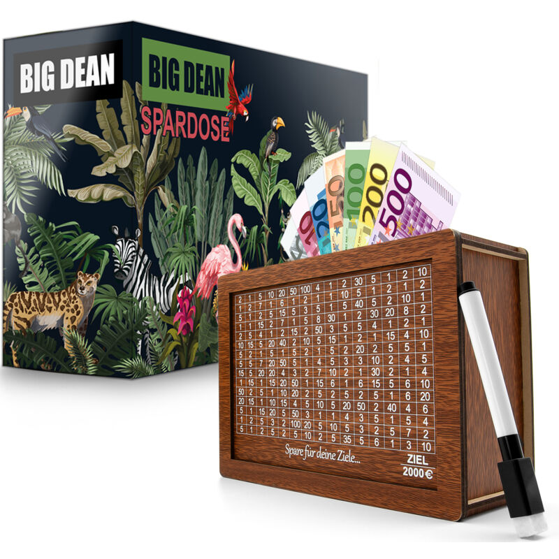 BigDean Spardose aus Holz mit Ziel 2000€ – fertig montiert,Wiederverwendbar Holzspardose mit Sparziel zum Ankreuzen