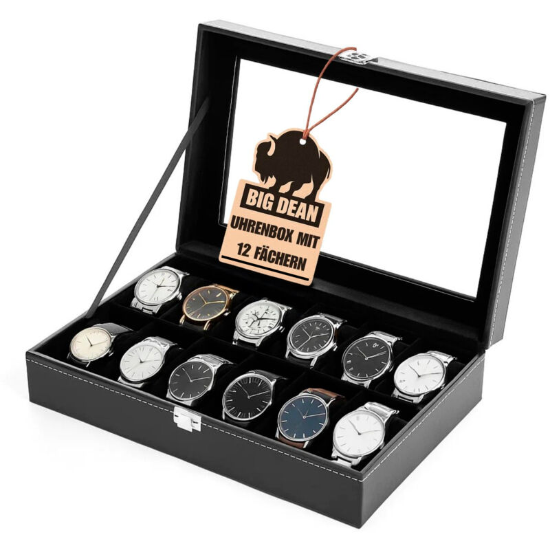BigDean Uhrenbox für 12 Uhren Glasdeckel - schicke Uhrenbox Herren Watch Box Uhrenaufbewahrung
