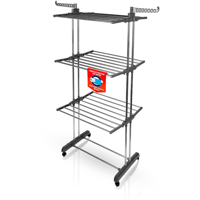 BigDean Wäscheständer Turm 16m Trockenlänge mit 3 Ebenen und 4 Rollen in Grau - Wäscheständer platzsparend für innen & außen