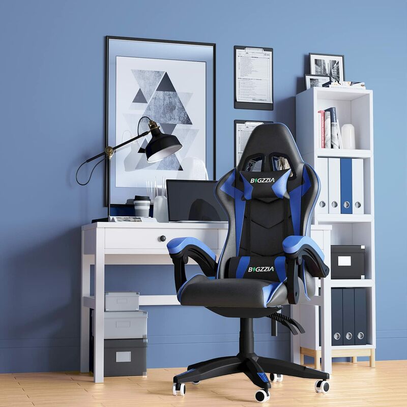 Gaming Stuhl - Gaming Chair mit Kopfstütze und Lendenstütze, 90-135° Rückenlehne, Gamer Stuhl, Blau, bigzzia