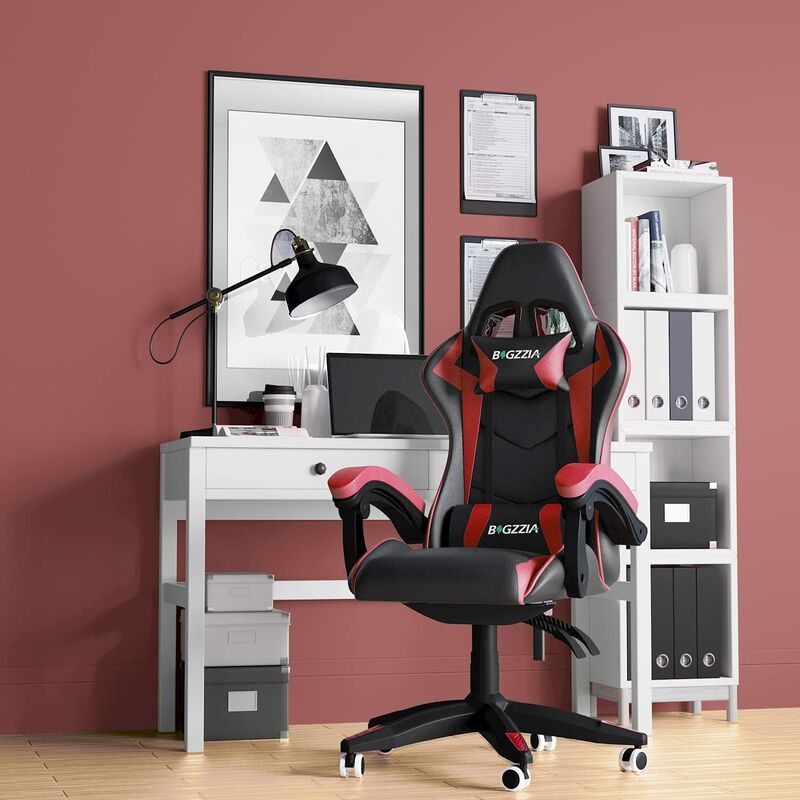 Bigzzia - Gaming Stuhl - Gaming Chair mit Kopfstütze und Lendenstütze, 90-135° Rückenlehne, Gamer Stuhl, Rot