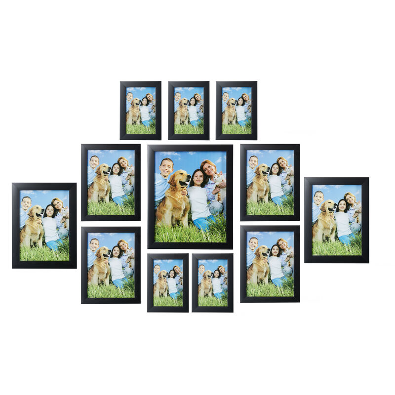 Relaxdays - Bilderrahmen 12er Set, enthält versch. Größen: 15x10, 18x13, 20x15, 25x20 cm, Foto Collage für Wand, schwarz