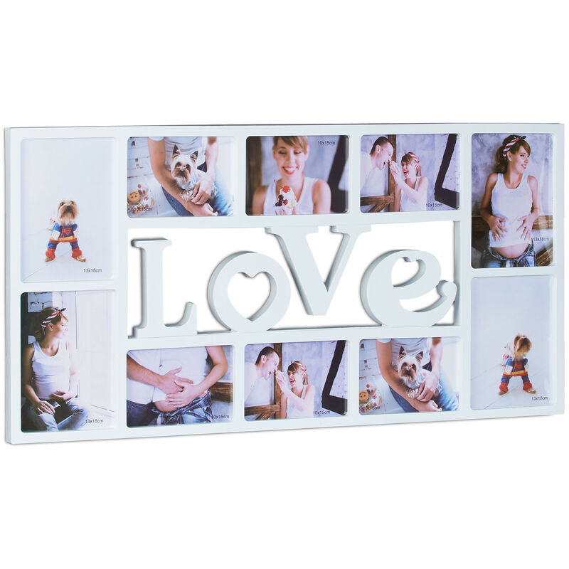 Relaxdays - Bilderrahmen Collage love, Fotorahmen 10 Bilder, Wandgalerie für Fotocollagen, hbt: 36,5 x 72 x 2 cm, weiß
