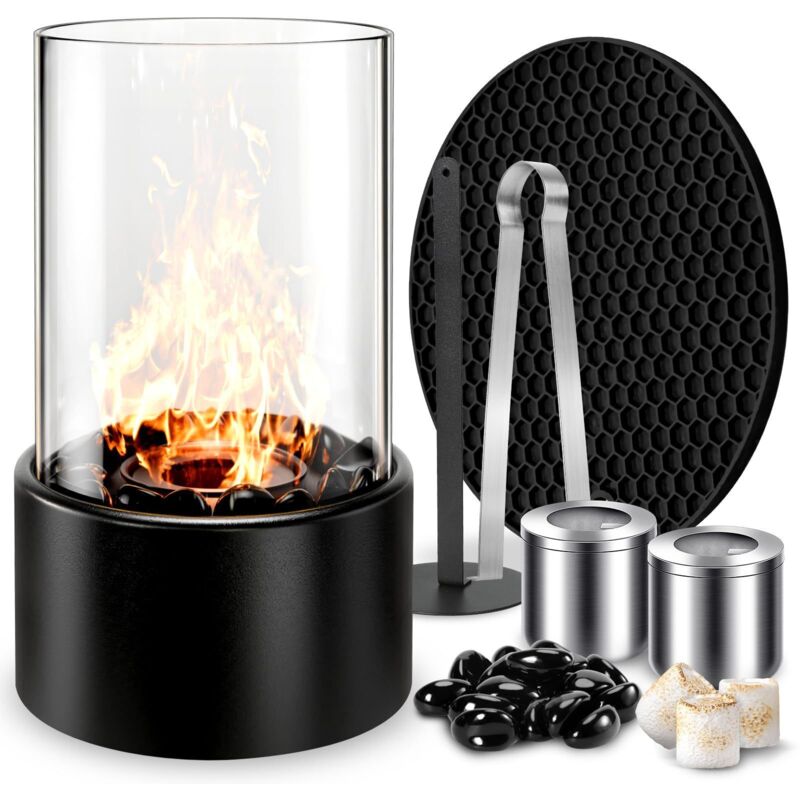 Bio Ethanol Tischkamin mit PU-Pad Dekosteine Längere Brenndauer Tragbar Klein für Innen und Außen Balkon, Terrasse, Wohnung, Garten