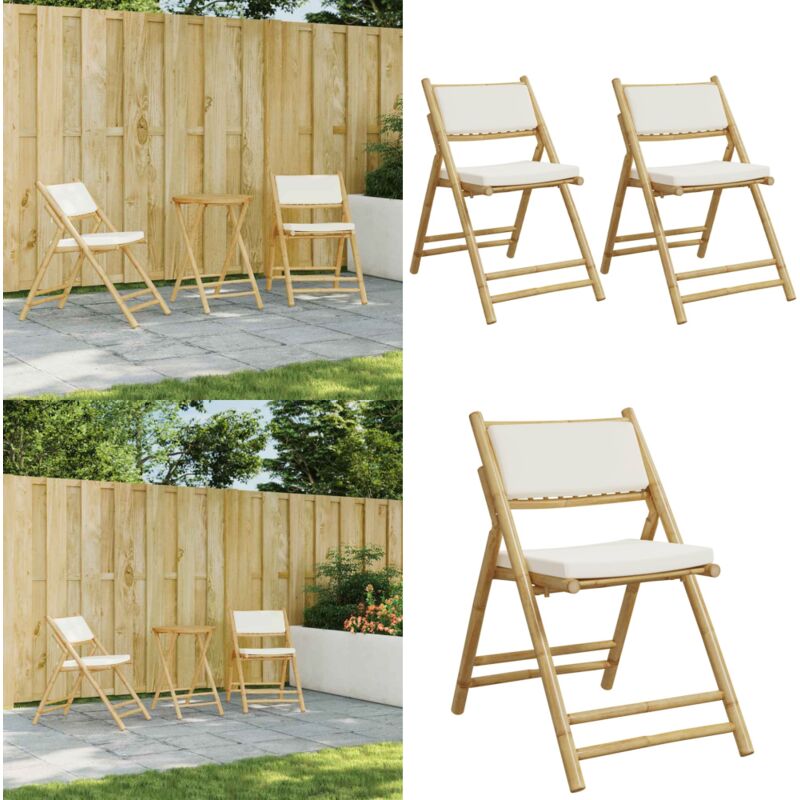 Vidaxl - Bistrostühle 2 Stk. Klappbar mit Cremeweißen Kissen Bambus - Bambusgartenmöbel - Outdoor-Stühle - Klappbare Stühle - Gartenstühle