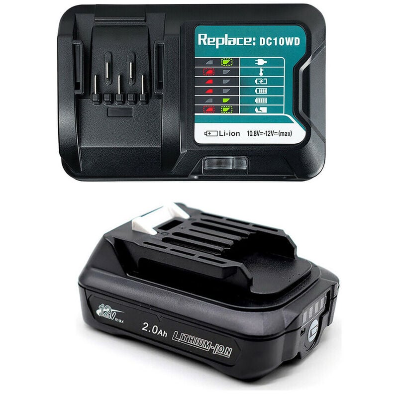 Powerwings - BL1021B BL1016 Ersatzakku für Makita Akku 12V 10,8V 2.0Ah cxt, mit Ladegerät DC10WD DC10SB, Ersatz für Makita BL1015 BL1020 BL1041B