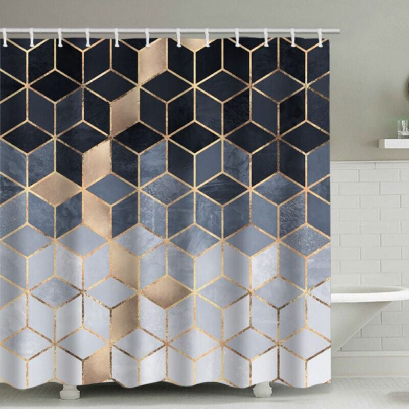 Blauer Duschvorhang mit Farbverlauf, Modernes geometrisches Duschvorhang-Set, Goldfarbenes Set mit kubischen Linien für Badezimmer