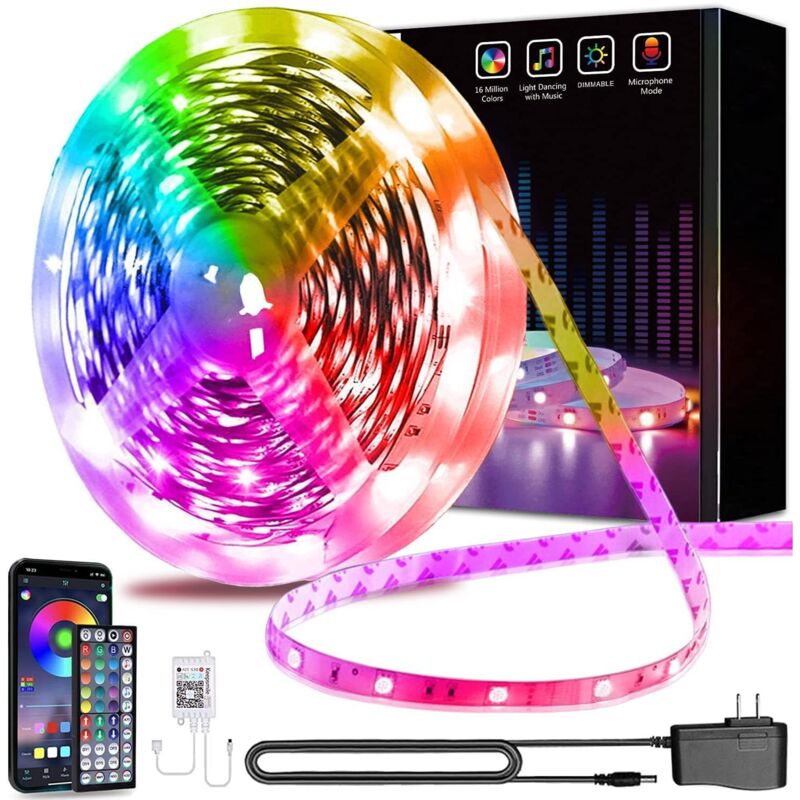 Bleutooth LED-Streifen, 15 m, LED-Streifen, 5050 RGB-LED-Schlafzimmer, mehrfarbig, flexibler Lichtstreifen, gesteuert durch Smartphone-App,