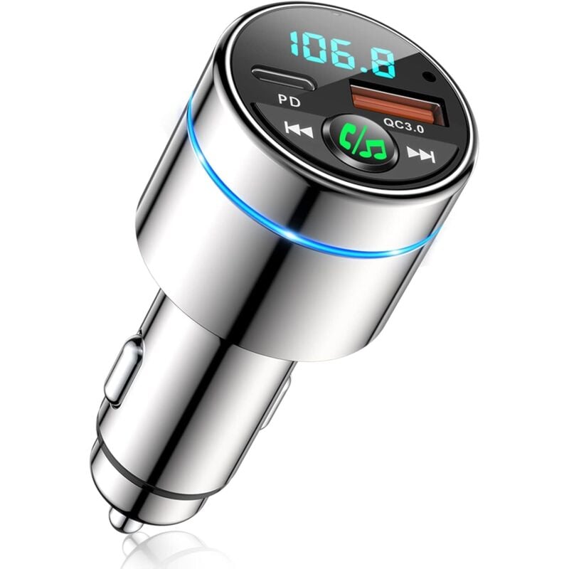 Bluetooth 5.3 FM-Transmitter, Bluetooth-Kfz-Ladeadapter aus Metall, PD30W Typ-C+QC3.0 Schnellladegerät fürs Auto, Bluetooth-Autoradioadapter