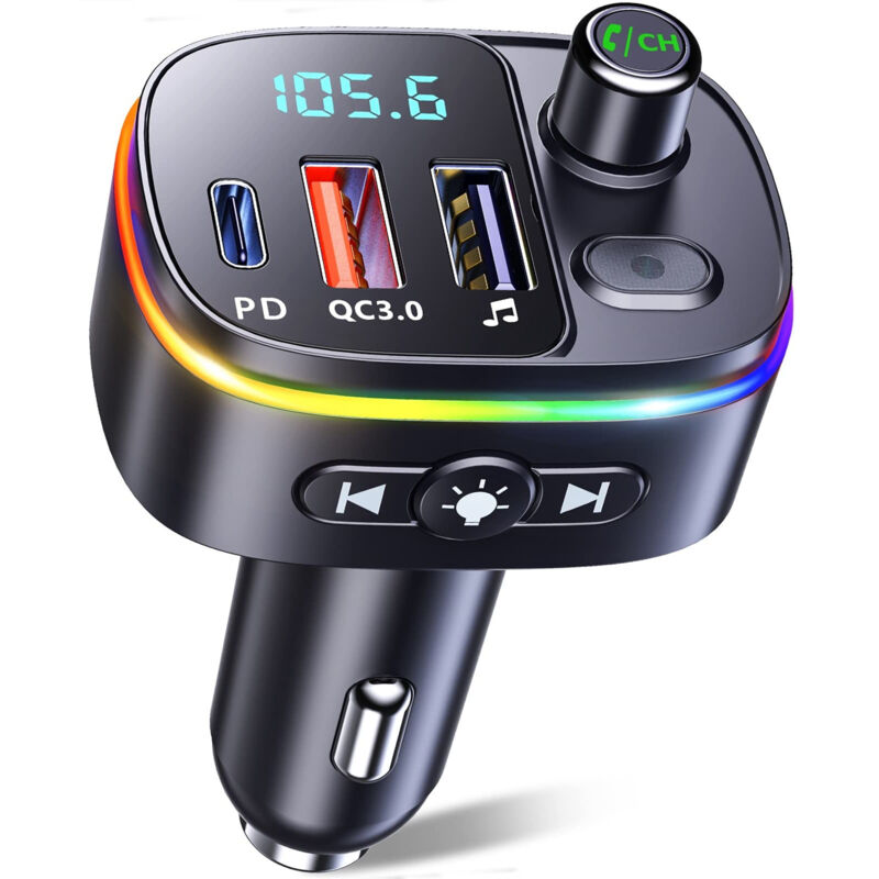 Bluetooth Auto, QC3.0 & PD18W USB-C FM-Transmitter Bluetooth 5.3 mit Freisprechfunktion, Bluetooth-Auto-Adapter für Autoradio, Siri & Google
